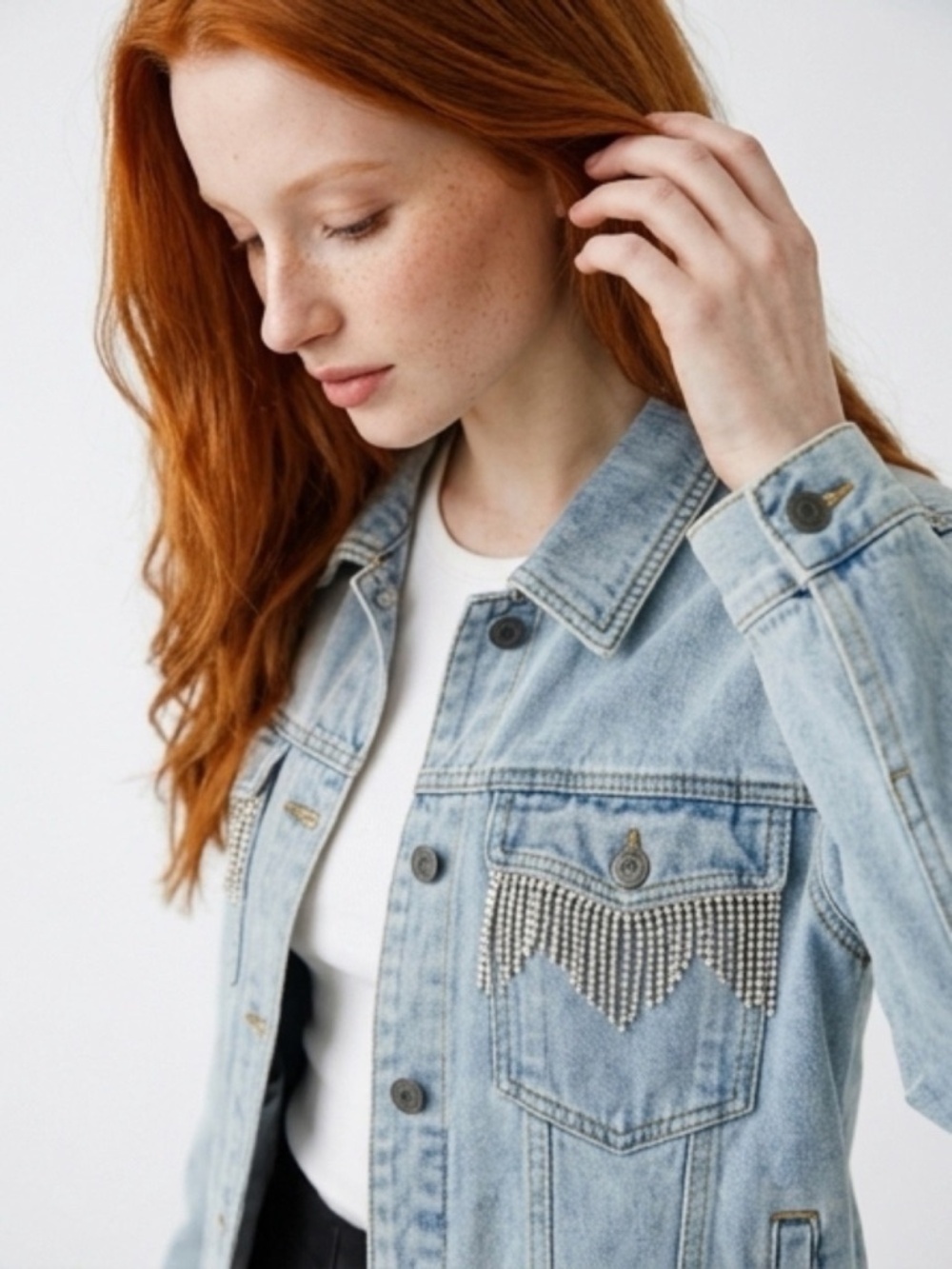 NWT Saltwater Luxe Rhinestone Fringe Light Wash Denim Jacket - Large